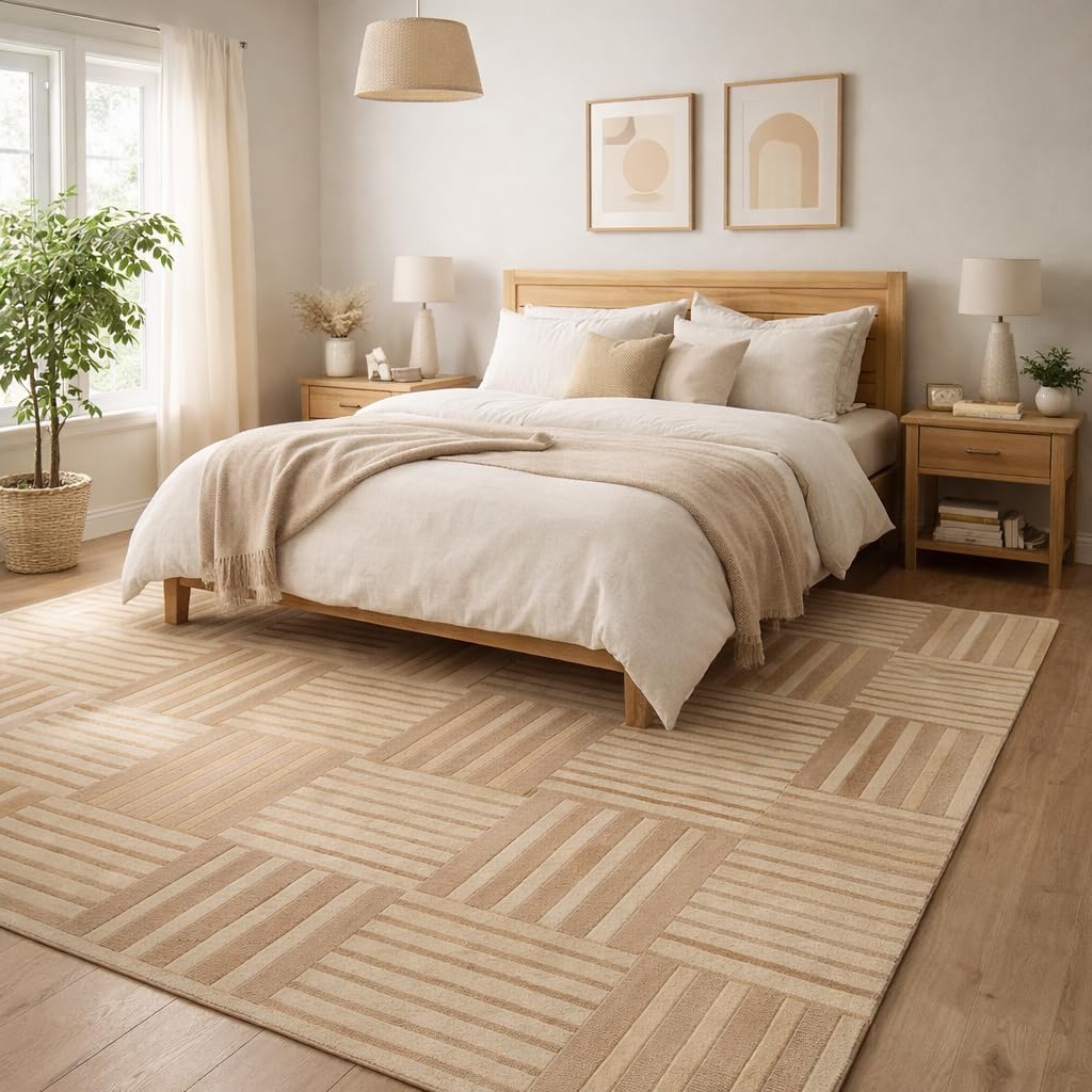 Hand Tufted Wool Area Rug, Beige & Ivory Geometric Patchwork Striped Block Pattern, Modern Neutral Floor Rug 7x10, 6x9, 8x10, 9x12 Sizes