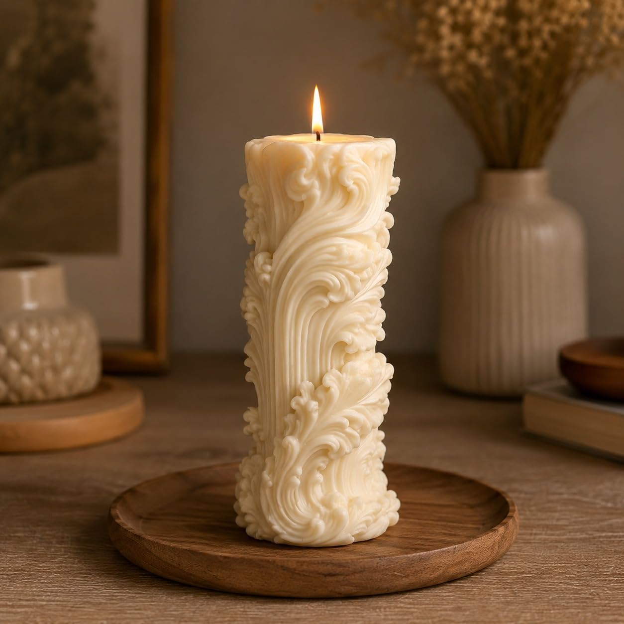 Decorative Sculpted Soy Wax Candle with Artistic 3D Design, Unscented Long Burning Decorative Candle for Home Décor, Living Room, Bedroom, Meditation, Festival Decoration & Gift (Ivory Swiral Pillar)-image-18