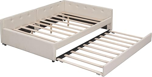 Miniatura 66 de SOFTSEA Marco de sofá cama simple para sala de estar, sofá cama tapizado de tamaño matrimonial con colchón de funda de lino, respaldo y Beige,Beige