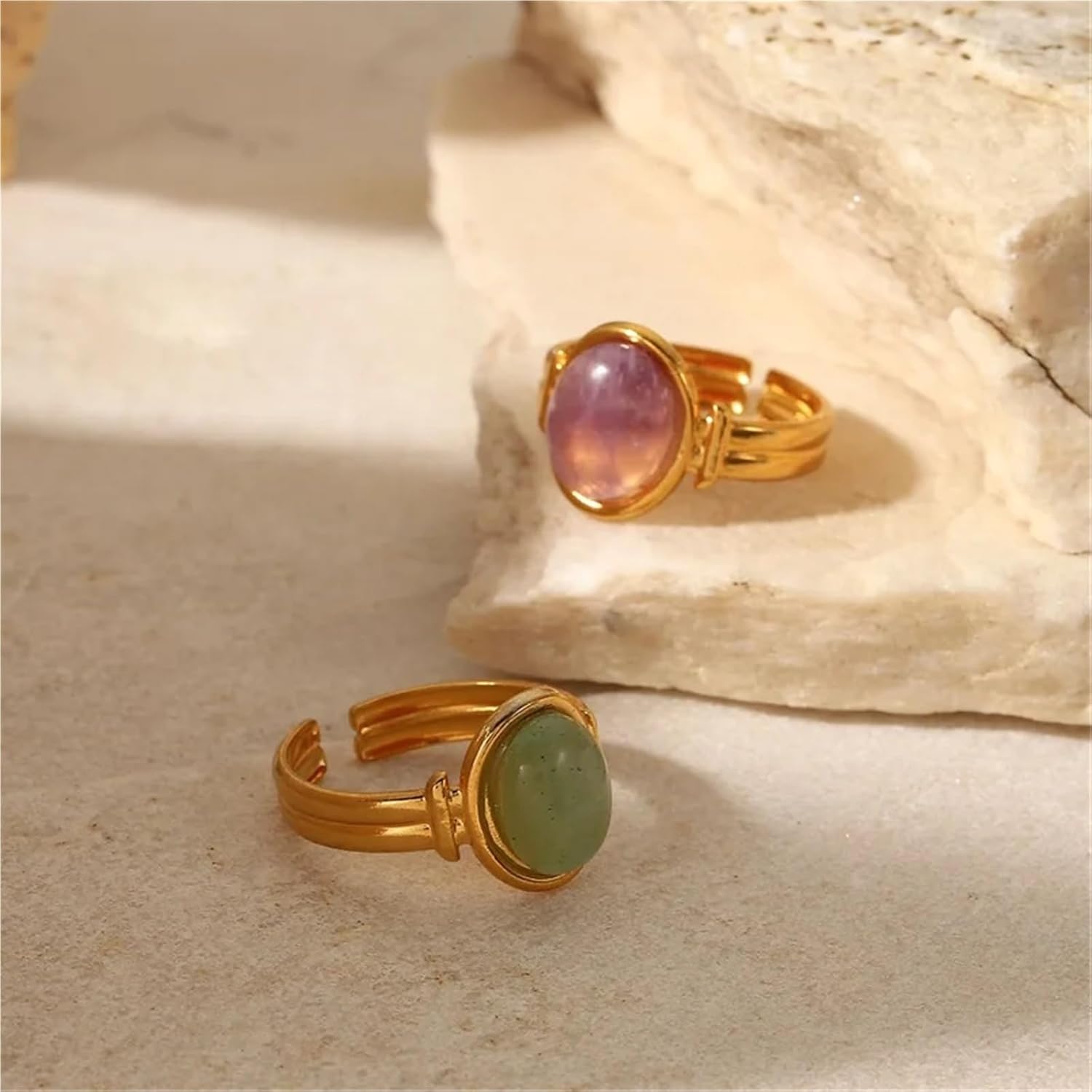 Stainless Steel Ring Oval Semi-precious Stone Opening Ring Jewelry Gift 1Pcs