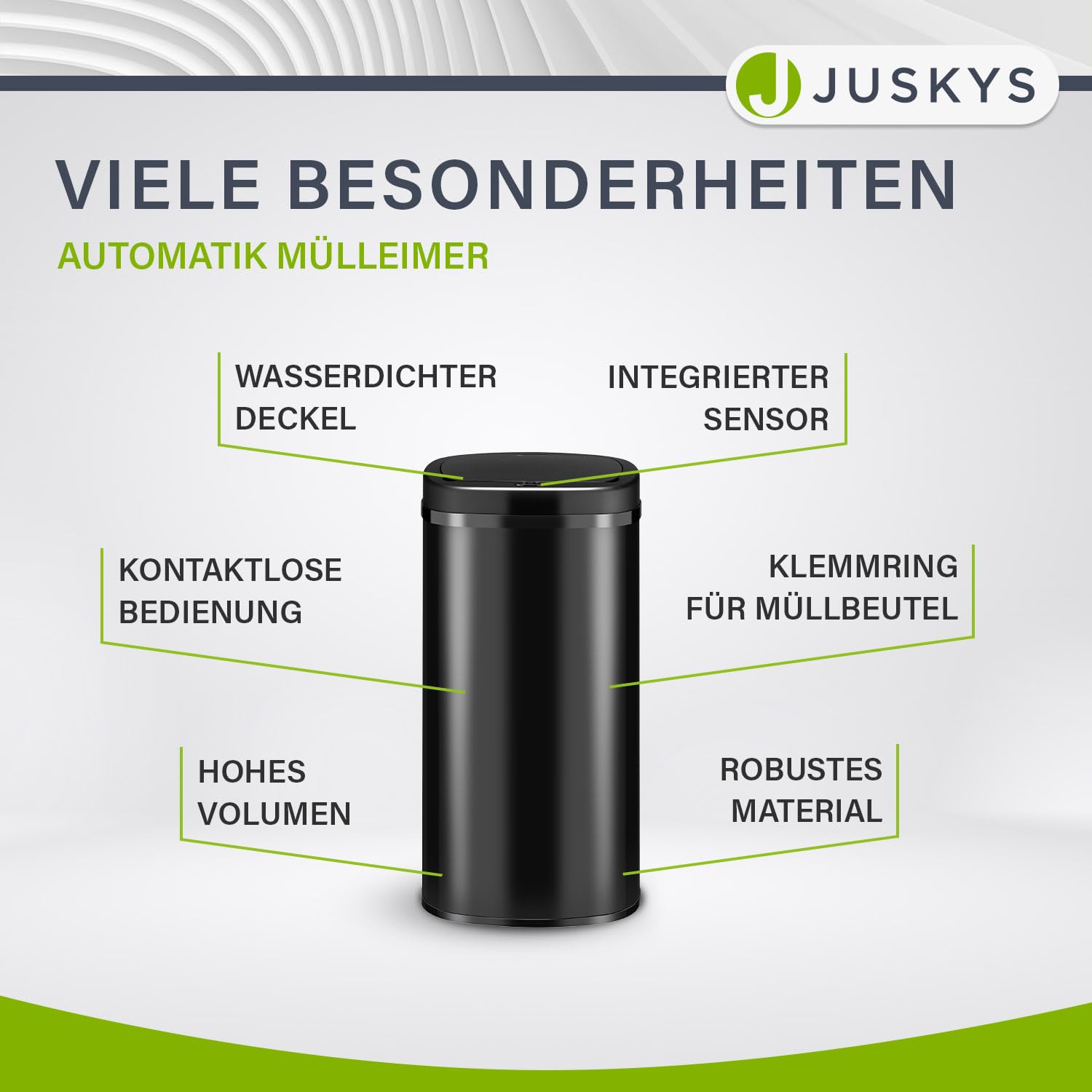 Juskys Mülleimer Küche mit Bewegungssensor Schwarz 70L - Eckiger Abfalleimer mit Klemmring für Müllbeutel - Rostfreier Stahl - Kontaktloses Entsorgen