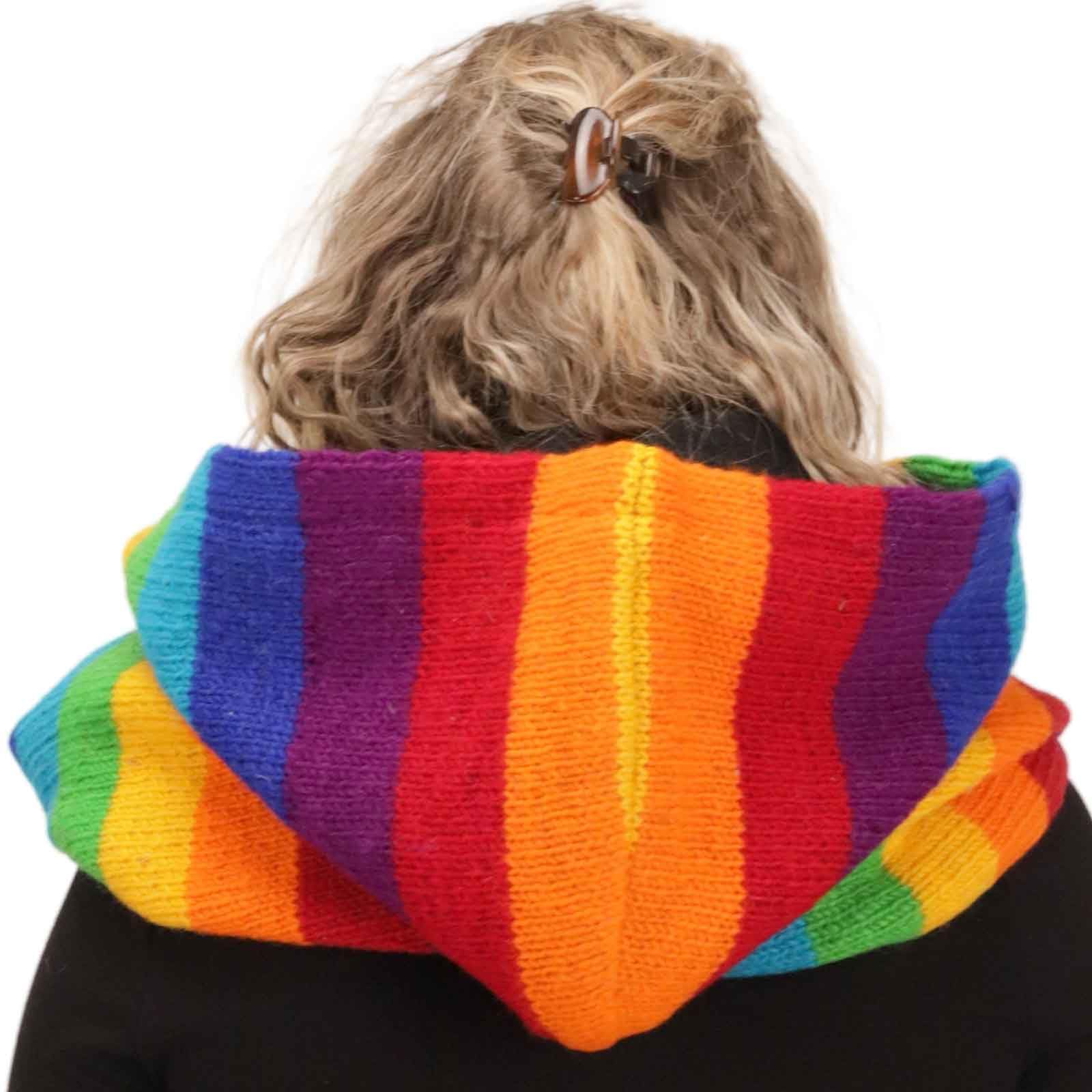 Kunst und Magie Damen Kapuzenschal Loop Schal Hoodie Schalmütze Poncho Regenbogenfarben aus Wolle gestrickt Strick Kapuze
