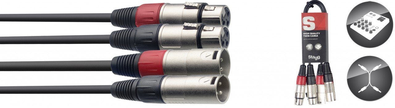 Stagg 18324 60 cm 3 Pin 2x XLR Male/2x Female RCA Connector Twin Cable - Black, 60 cm (Länge des Kabels ohne Stecker)