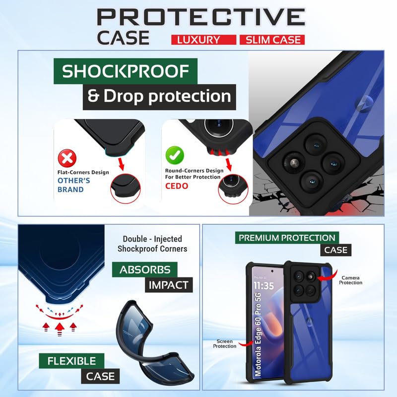 Image of AIBEX Compatible for Motorola Edge 60 Pro 5G Mobile Back Case Cover, Crystal-Clear Shockproof Bumper with Camera Guard | 360 Hybrid Protection (TPU+PC) | Anti-Yellow, Slim Transparent - Black