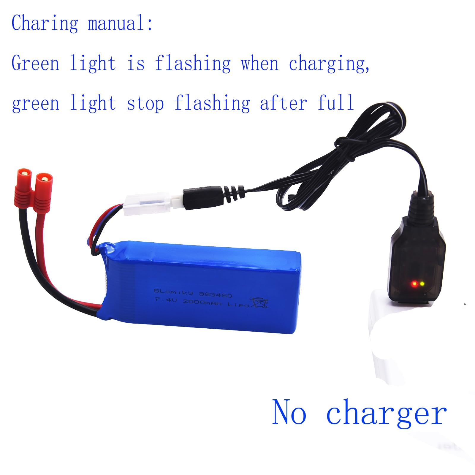 Blomiky LiPo battery connected to a USB charger, showing charging indicator lights