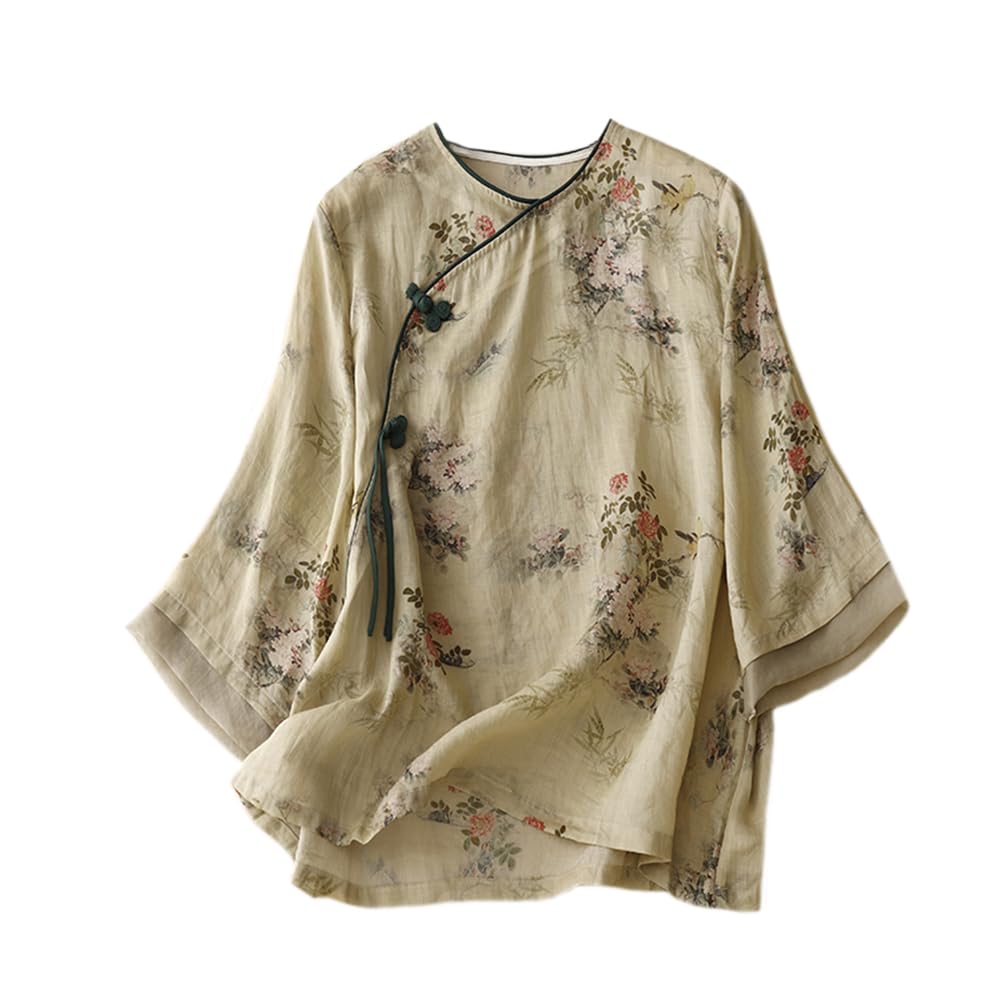 Chemisier chinois à manches 3/4 pour femme - Col mandarin traditionnel - Ethnique - Coton et lin - Qipao