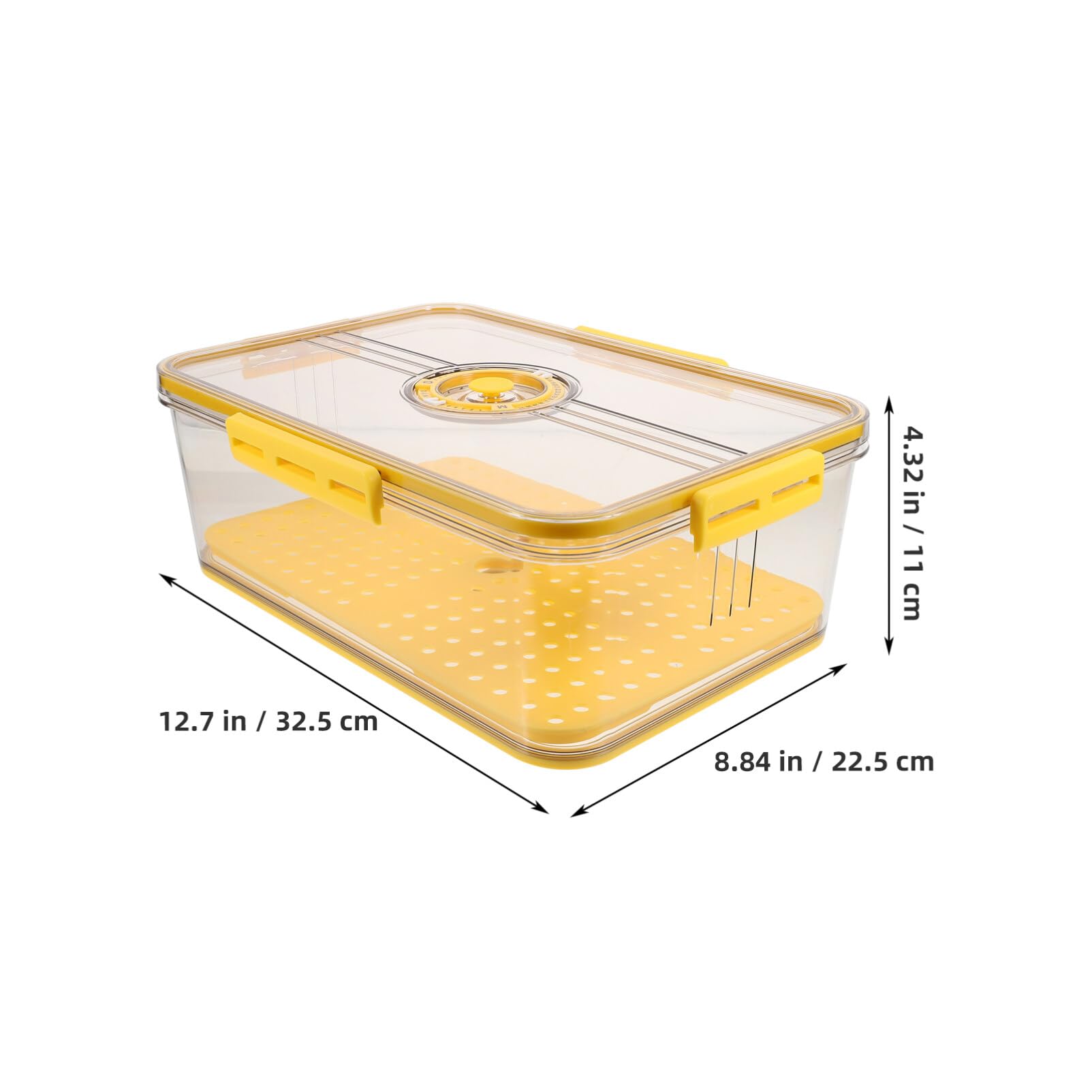 Kühlschrankbox Frischebox aus Pet mit 4-seiten Verschluss und Dichtungsring | Abtropfplatte, Gelb, für Küche und Vorratsraum, mit Zeitwahl für Obst und Zutaten