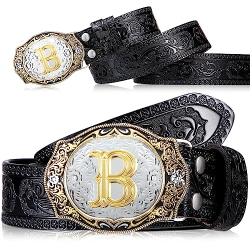 Jadive Mens Cowboy Belt with Buckles Western Initial Leather Belts for Men with Letters for Jeans Women Cowgirl Rodeo