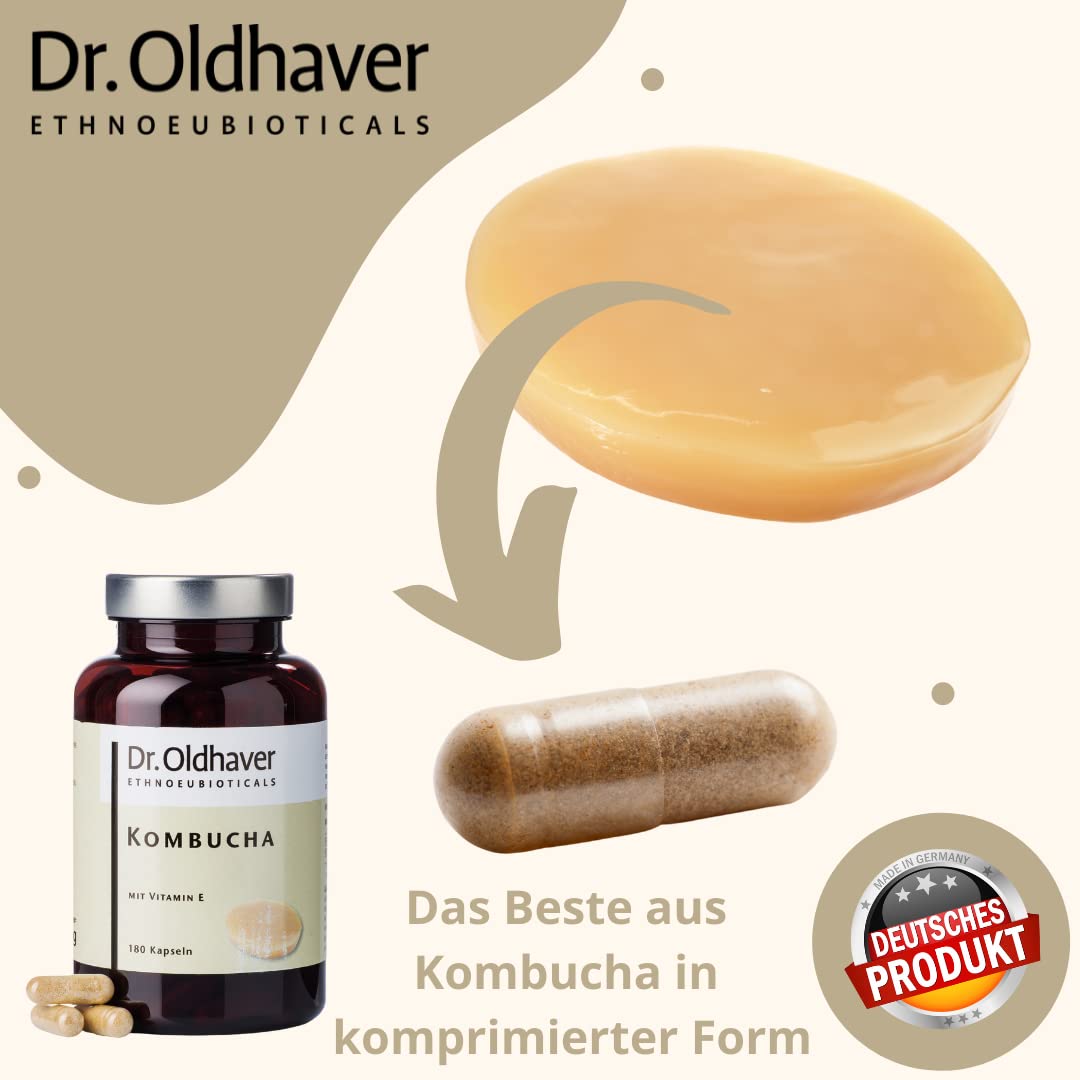 Dr. Oldhaver Kombucha + Vitamin E, Hochwertiger und Hochdosierter Kombuchatee Extrakt, Exzellentes Preis-Leistungsverhältnis, Kombination mit Vitamin E gegen oxidativen Stress, 180 Kapseln
