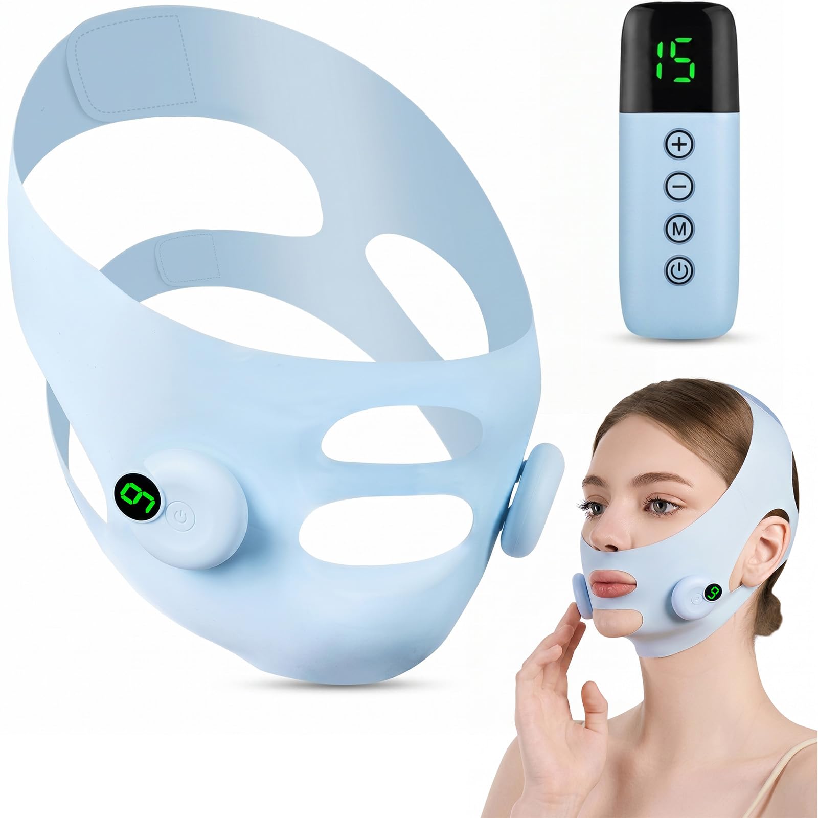 Mikrostrom V-Form Gesichtsstraffer-Pads, USB-aufladbare Gesichts-Liftband für ein konturiertes Gesicht, Doppelkinn-Reduzierer, verstellbare Hebemaske mit 6 Modi und 9 Intensitätsstufen für zu Hause