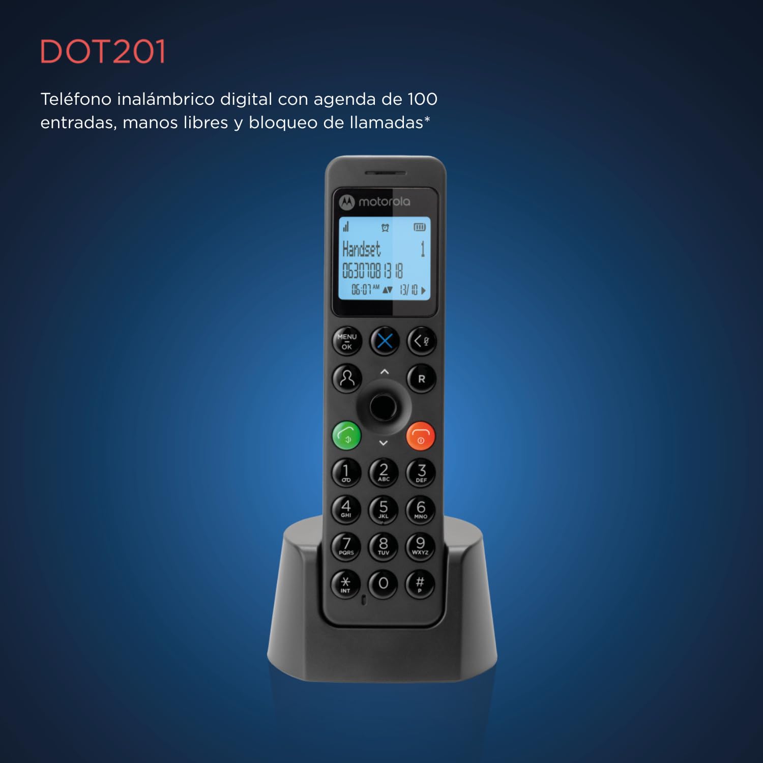 Motorola Voice - DOT201 Teléfono Inalámbrico Digital, Altavoz Manos Libres, Bloqueo de Llamadas, 100 Contactos con Nombre y Directorio Telefónico, Color Negro
