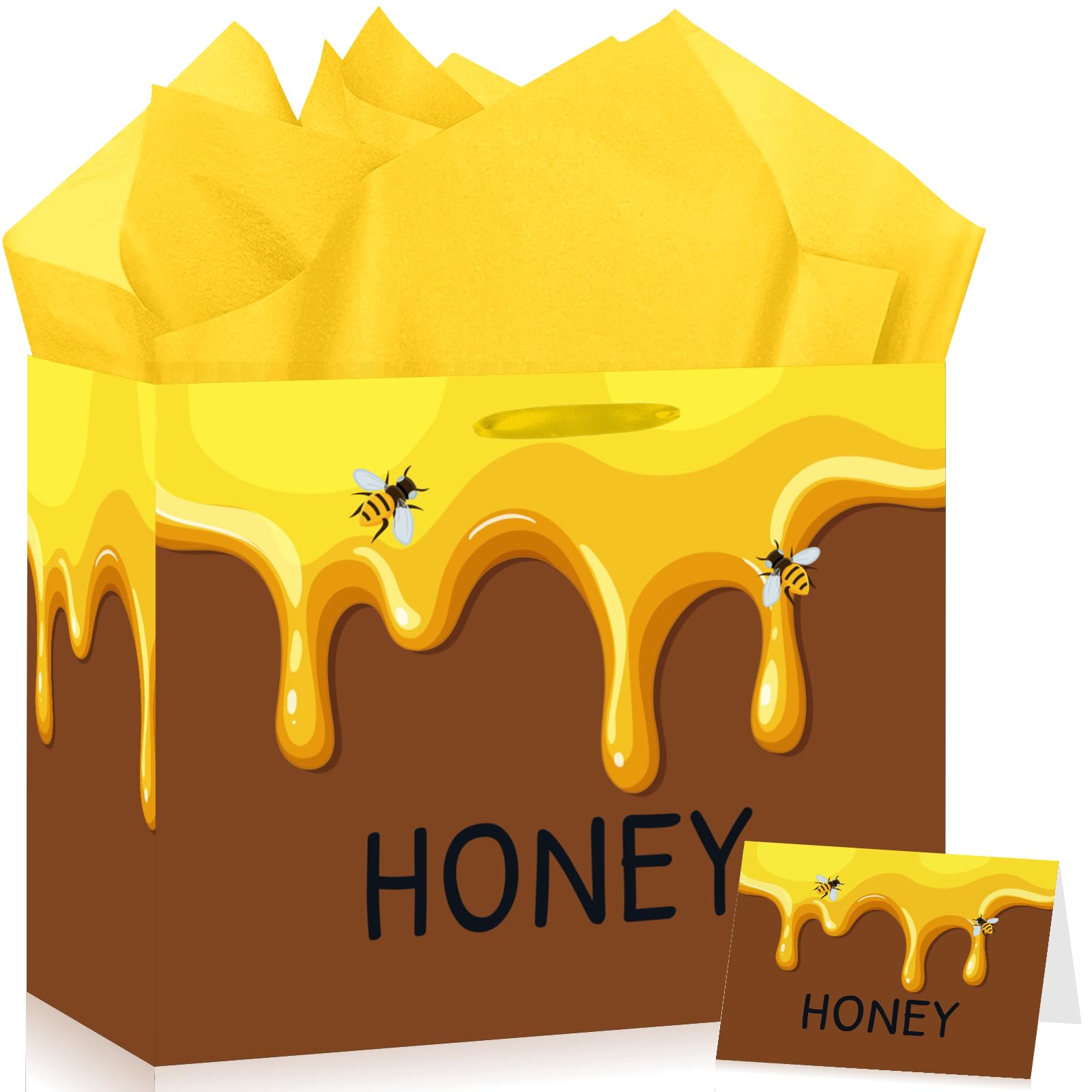 Honey Bee Gift Bag with Tissue Paper and Greeting Card Cartoon Bee Birthday Baby Shower Party Favor Bags Yellow Sweet Honeypot Bumble Gift Wrapping Paper Bags for Baby Shower Birthday Party Supplies