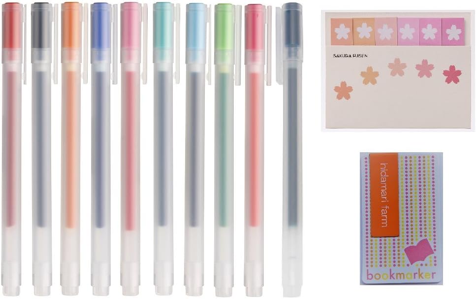 Moma MUJI Gel Ink Ballpoint Pens 0.5mm [10 colors SET] + Sakura Sticky notes + hidamarifarm original Magnetic Bookmarks bookmarker Memo magnet