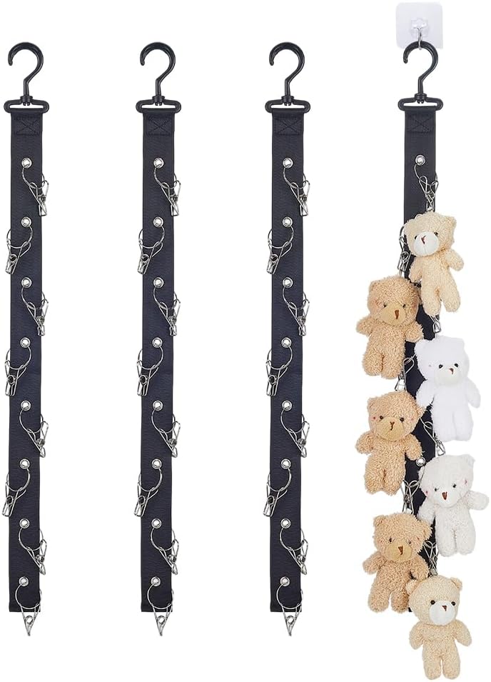 AHANDMAKER 4 Sets Plush Doll Hanging Organizer, 26 Inches Nylon Stuffed Animal Storage Chain with 8 Stainless Steel Clips Doll Display Holder Straps for Wall Corner Playroom Bedroom Decoration, Black