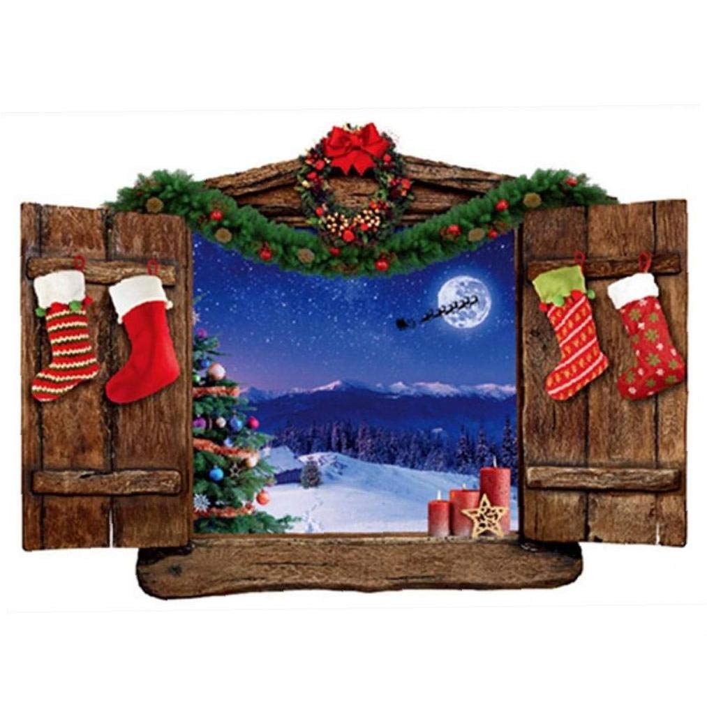 Hotaden Christmas Night Wall Sticker 3d Fake Window Stickers Moon Snow View Wall Art Mural Home Decoration Poster Wallpaper 70 * 50cm