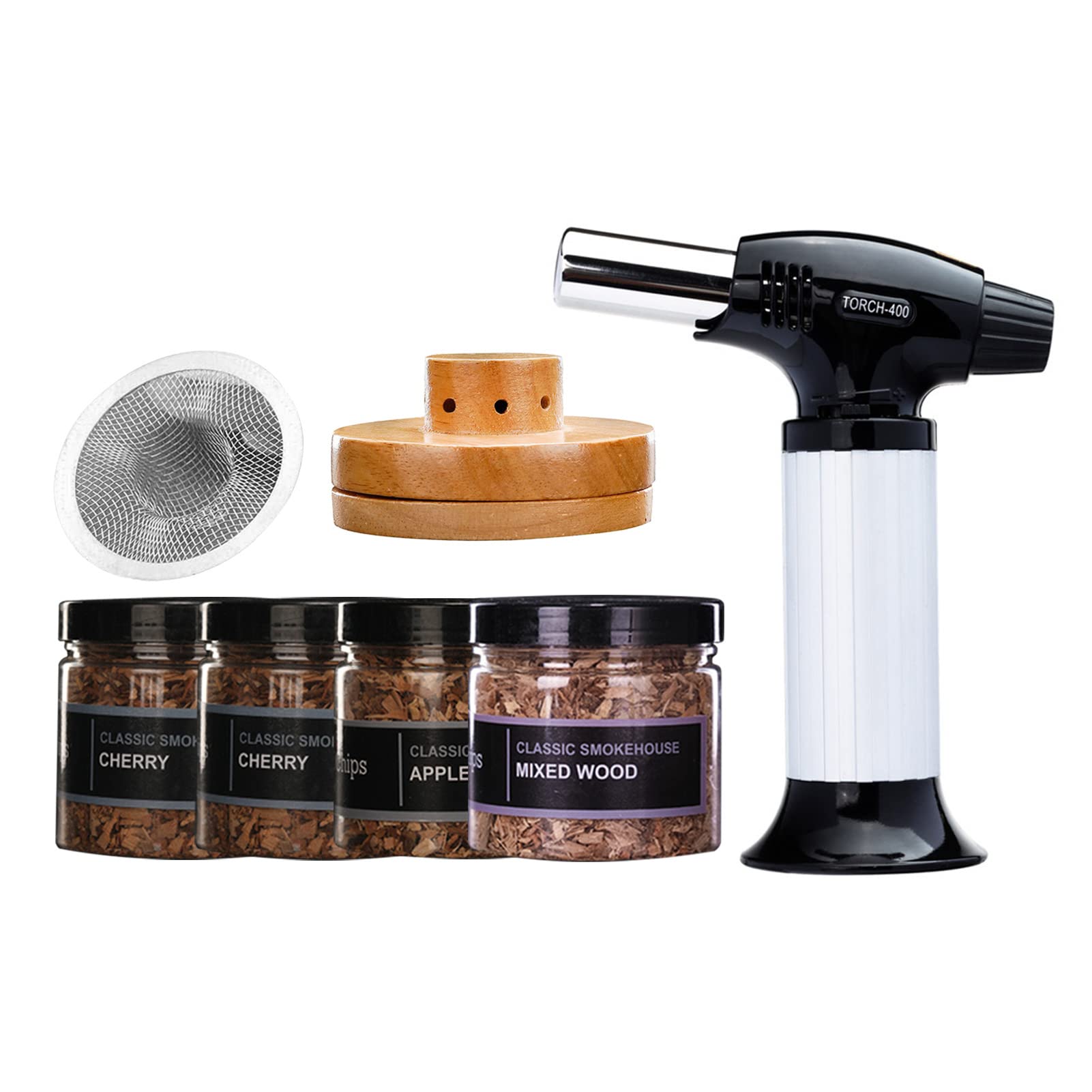 SHUOJIA Cocktail Smoker Kit and Torch Contains 4 Buckets of Cherries, Apples and Mixed Wood Chips, Cocktail Smoker Kit & Chips for Old Fashioned Cocktails, Whiskey, & Bourbon (Combination One)