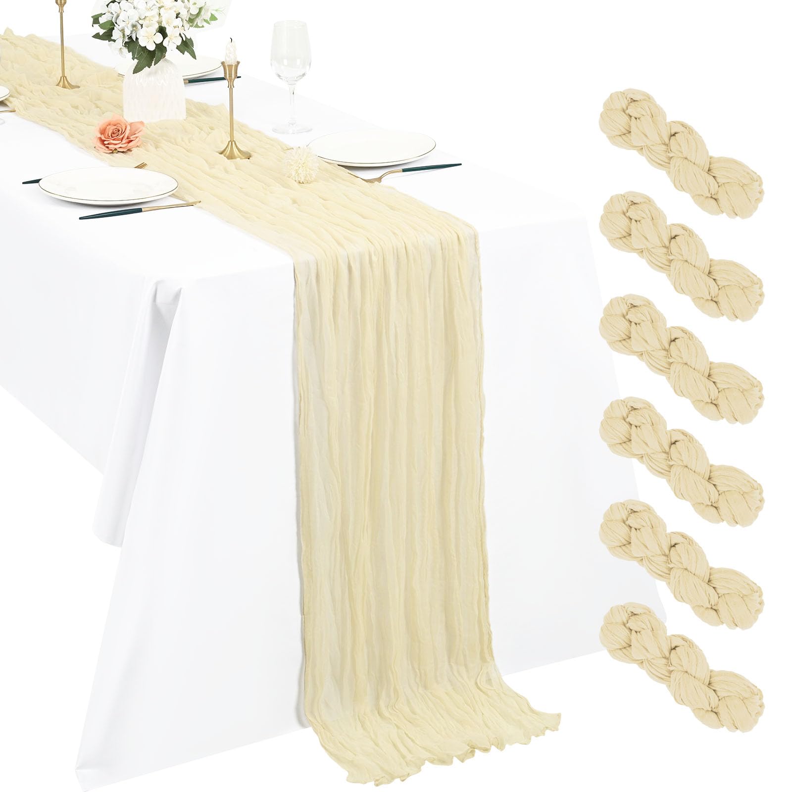 Pesonlook 6er Set Gaze-Tischläufer für Hochzeiten, 55 x 300 cm, Elfenbein