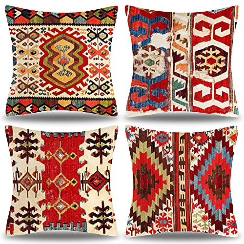 DecorMommt Kissenbezug 40x40 Muster 4er Set Zierkissen Bunte Rote Stammes...