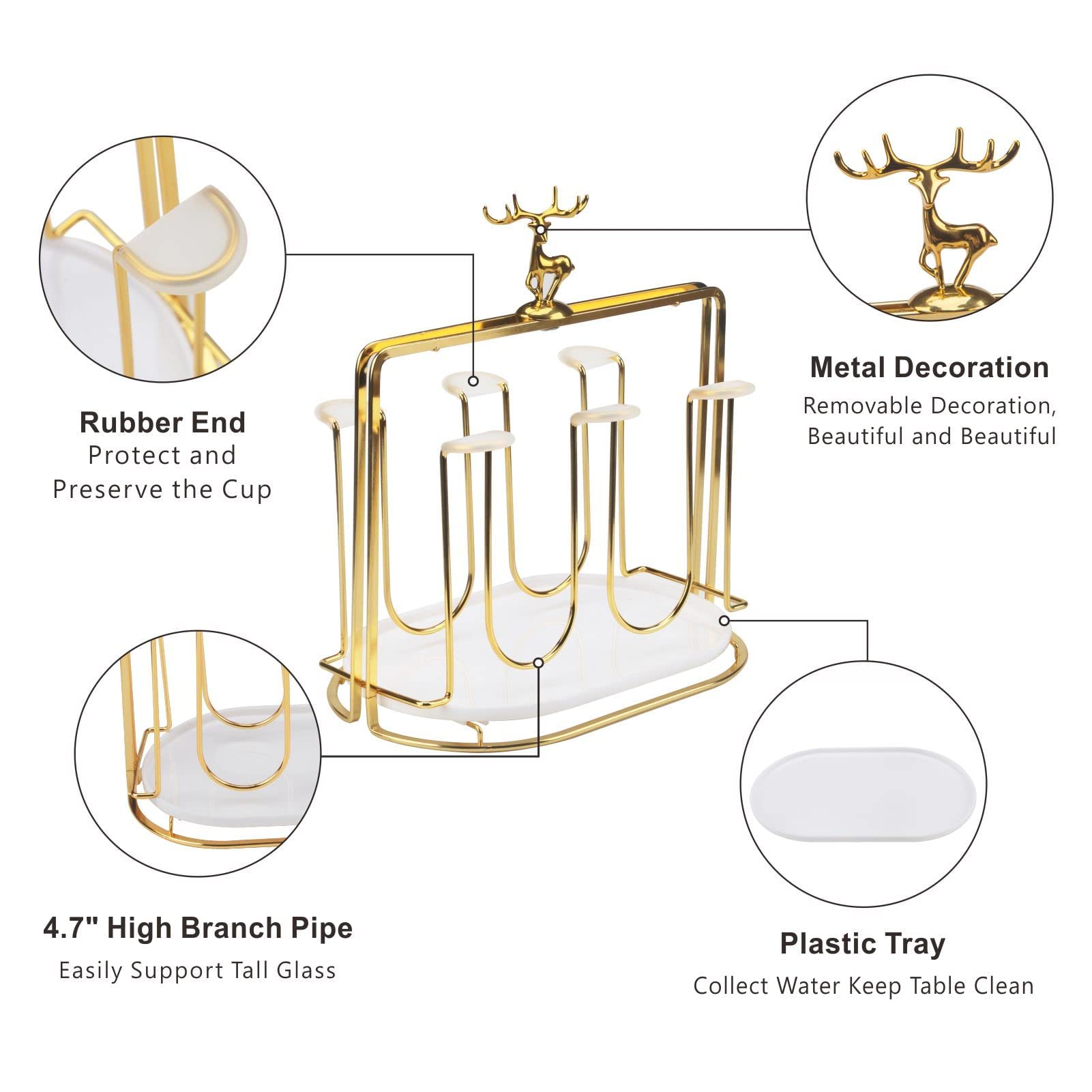 CHUNHUI Reindeer Metal Drying Rack with 6 Hooks,Cup Drying Rack Stand with Drain Tray, Metal 6 Cup Hooks Drainer Holder Tree for Mugs,Non-Slip Mugs Cups Organizer Drying Rack for Home Kitchen