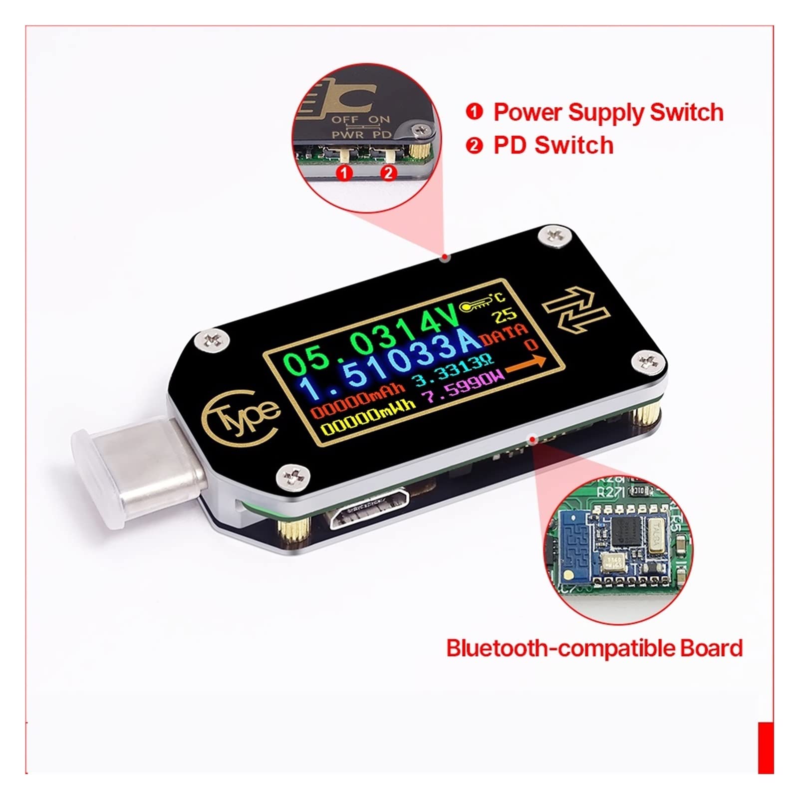 Urządzenie pomiarowe tester USB TC66 / TC66C Rodzaj -C PD spust USB-C Woltomierz napięcia amperomierz 2 sposób ładowarka miernik prądu multimetr PD bateria Usb. Próbnik.(TC66)