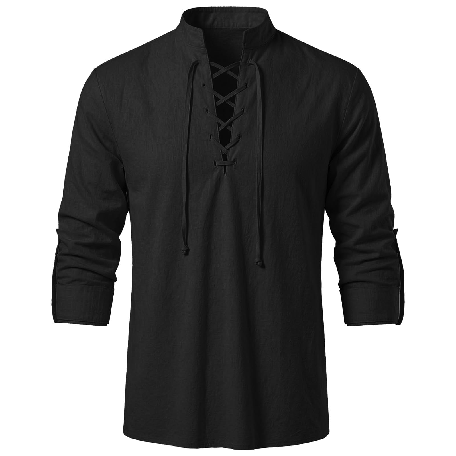 FJKVKDT Men's Medieval Renaissance Shirt, Lace Up V Neck Long Sleeve Pirate Shirt, Stand Collar Gothic Viking Casual Shirt for Cosplay Halloween LARP (Black, XL)