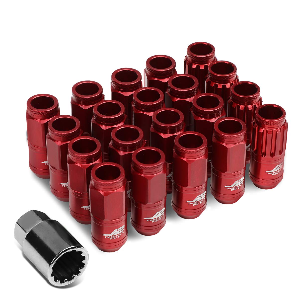J2 Engineering 16Pcs 7075 Aluminum Open End M12 x 1.5 Lug Nuts w/4Pcs Lock Nuts & Key, Red, Fit Conical Seat, LN-T7-002-15-RD