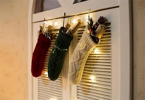 Miniatura 7 de Paquete de 4 medias de Navidad, 14 pulgadas, calcetines de punto trenzado, regalos y decoración para fiestas familiares de Navidad, blanco marfil,