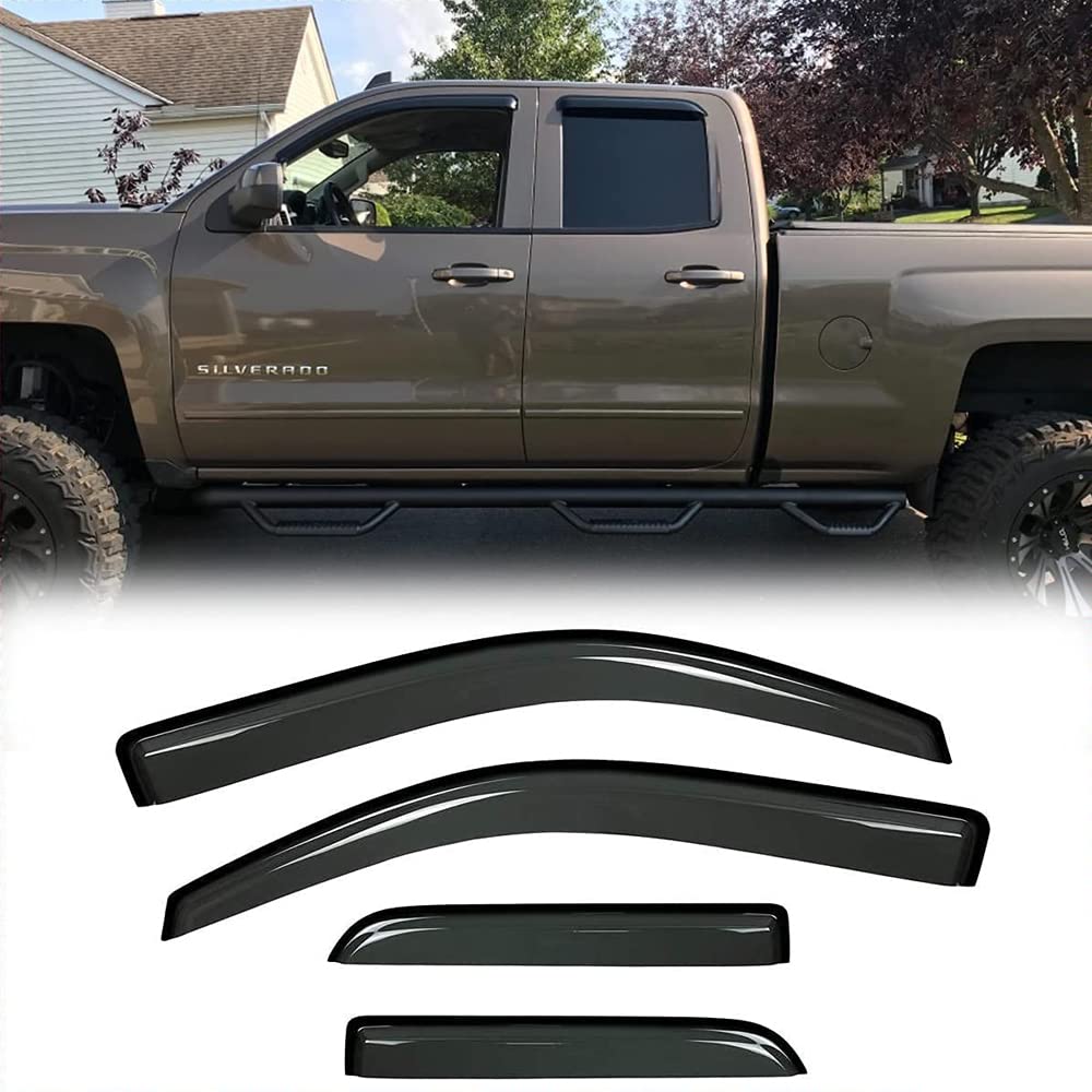 Deebior Original Side Rain Guards, 4pcs Out-Channel Tape-On Wind Deflector Set, Window Visors fit for 2007-2013 Chevy Silverado/GMC Sierra 1500,2007-2014 2500HD/3500HD with Extended Cab 94040