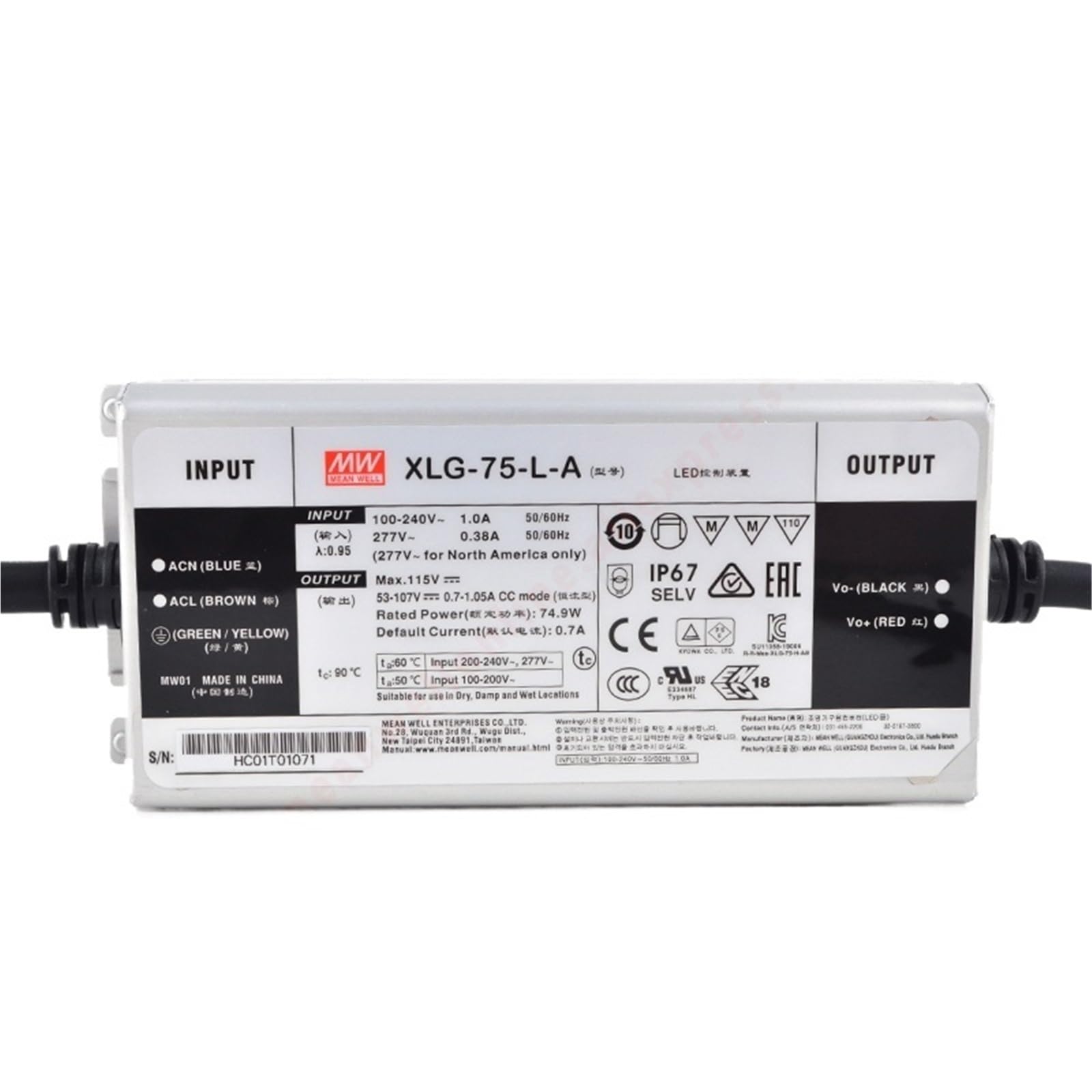 Fcarumiqp Xlg-75-L-A-75W Xlg-75-L-A Ip67 700-1050Ma/53-107V/75W Constant Power Mode Led Driver