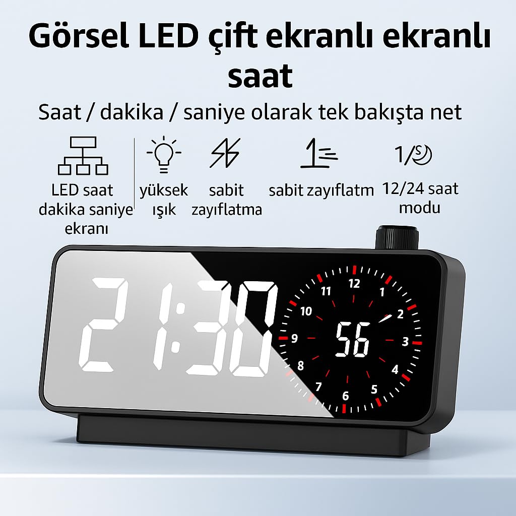 Plentiful Aynalı Led Ekranlı Saat,Elektronik Masaüstü Çalar Saat, Çift Dijital Çalar Saat, Başucu Ofisi Için Geri Sayımlı Kompakt Sıcaklık Göstergesi