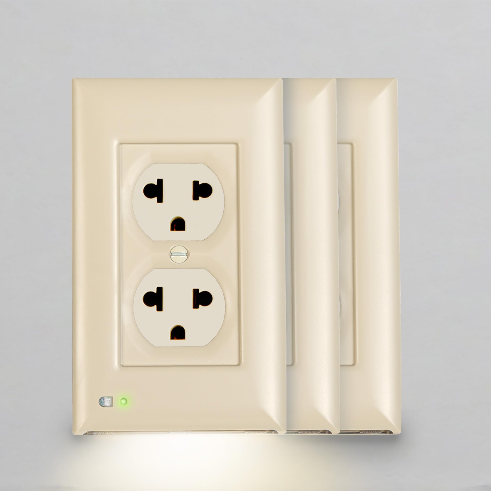 Lighted Outlet Cover Plate & LED Night Light, Wall Outlet Cover for Power Outages During Ice Storm & Hurricanes, Preparedness Items, 3-Pack Almond Duplex Electrical Outlets Plug Covers