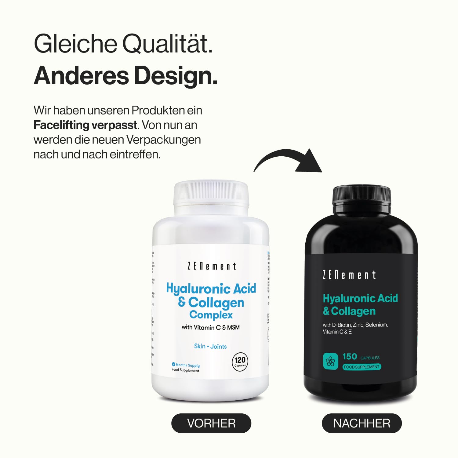 Kollagen und Hyaluronsäure mit Biotin, Zink, Selen, Vitamin C und E - 150 Kapseln - Für Haut, Gelenke und Knochen – 1000 mg Kollagen + 200 mg Hyaluronsäure pro Portion – Zenement