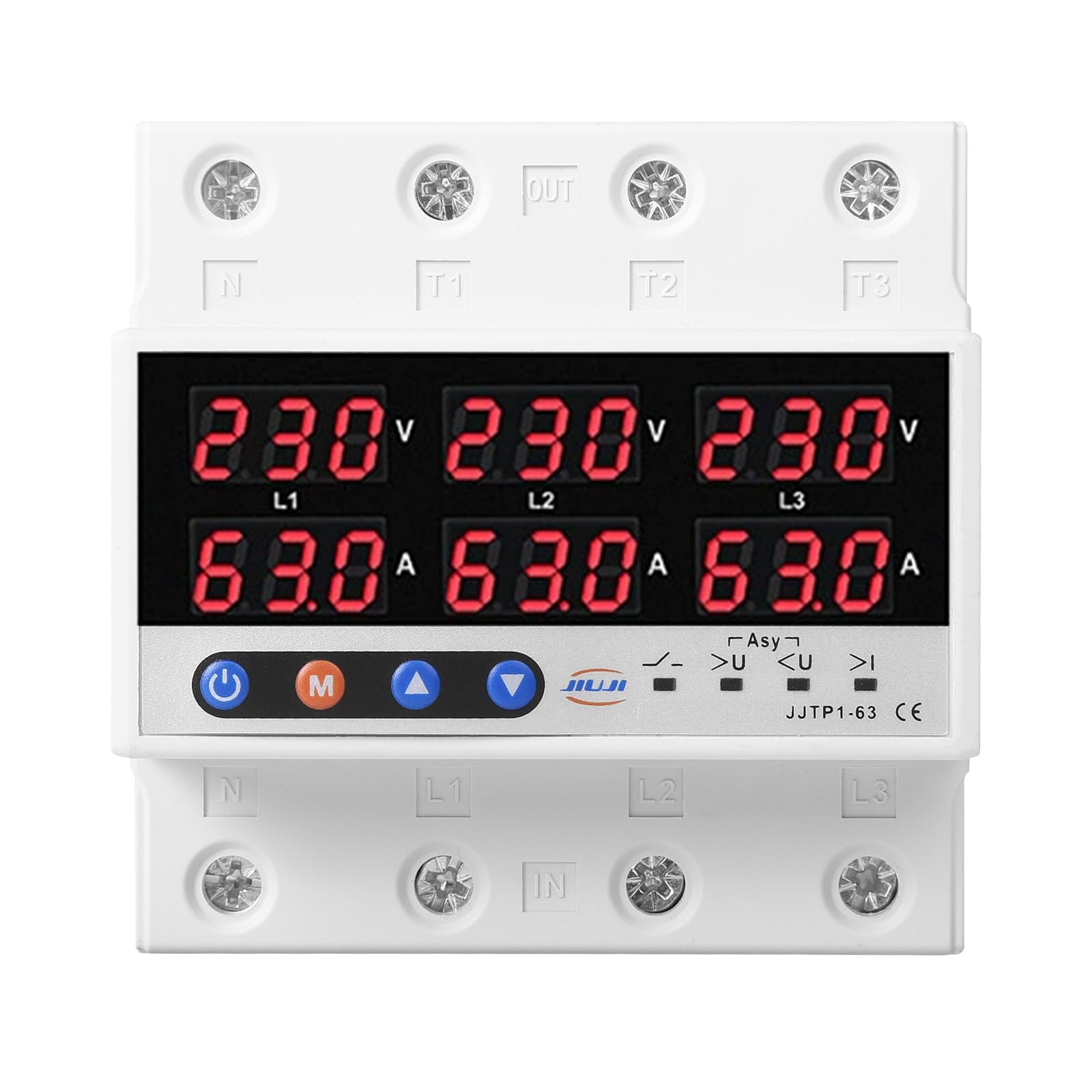 Jadeshay Protettore di Sovratensione e Sottotensione,AC220V 63A Stabilizzatore di Tensione con Doppio Display LED Relè di Ripristino Regolabile,Protezione Trifase a Bassa Tensione