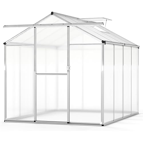 Happygrill Walk-in Greenhouse, 6 x 8 x 6.5FT Outdoor Large Green House w/ Sliding Door, Adjustable Roof Vent, Rain Gutter, Polycarbonate Panels, Heavy-Duty Aluminum Greenhouses for Outdoors, Garden