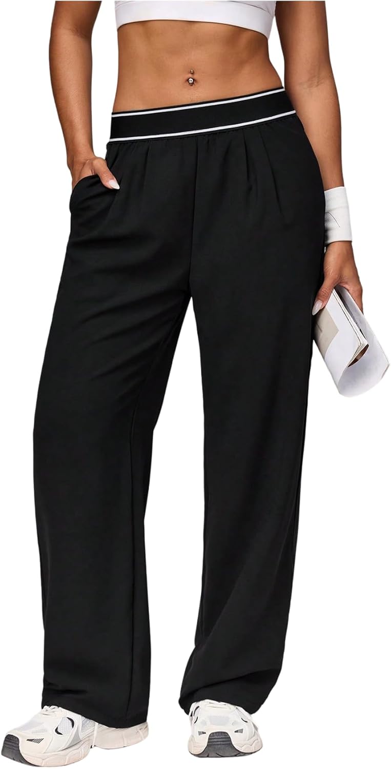 MakeMeChic Women's Wide Leg Track Pants Elastic Waist Athletic Sweatpants with Pocket