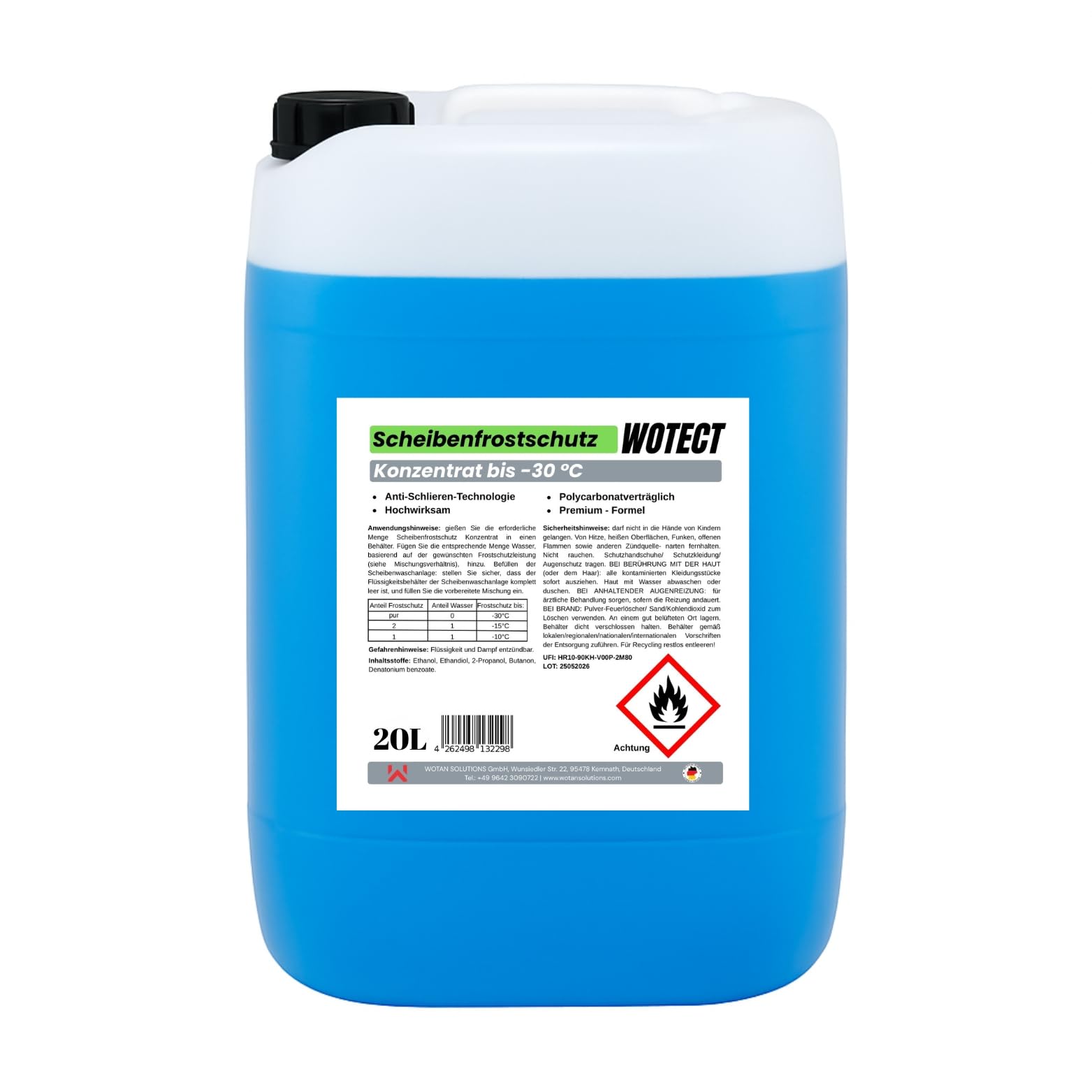 WOTECT Scheibenfrostschutz Gebrauchsfertig bis -30°C – Vorratspack – Winterscheibenreiniger mit Citrusduft – Methanolfrei – Zuverlässig bei EIS & Schnee (20 Liter)