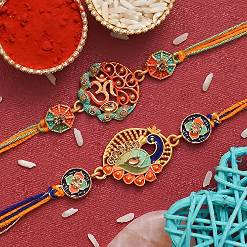Image of eCraftIndia Set of 2 Peach, Green & Golden Pearls, Designer Rakhis | Roli Chawal Pack