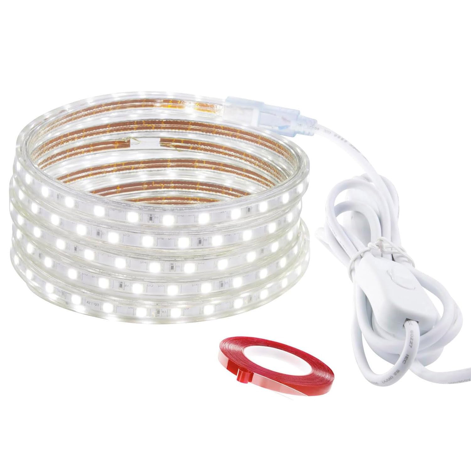 LONCWO LED Streifen 5m, IP65 Wasserdicht LED Strip LED Lichtband 220V 230V LED Leiste mit Schalter, Weiß, 5M