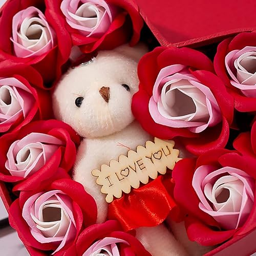 Miniatura 9 de Caja de regalo de rosas románticas con bonito oso de peluche y etiqueta I Love You en forma de corazón, pétalo de cuerpo de baño perfumado para el