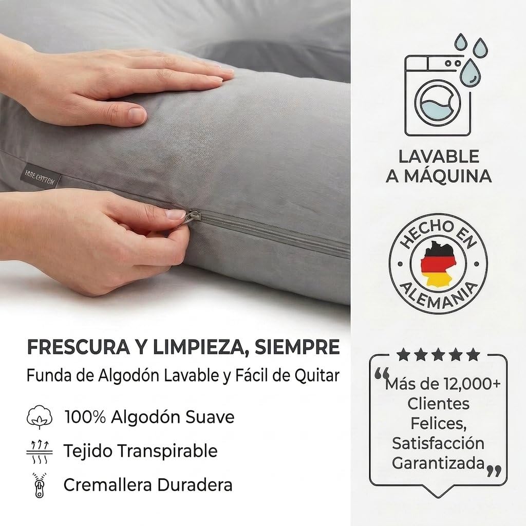 SMOOTHY® Almohada Embarazo en U 120x70 cm - Funda Algodón Lavable | Relleno de fibra de silicona que recupera su forma - sin cremallera que se rompa - ideal para dormir de lado y lactar