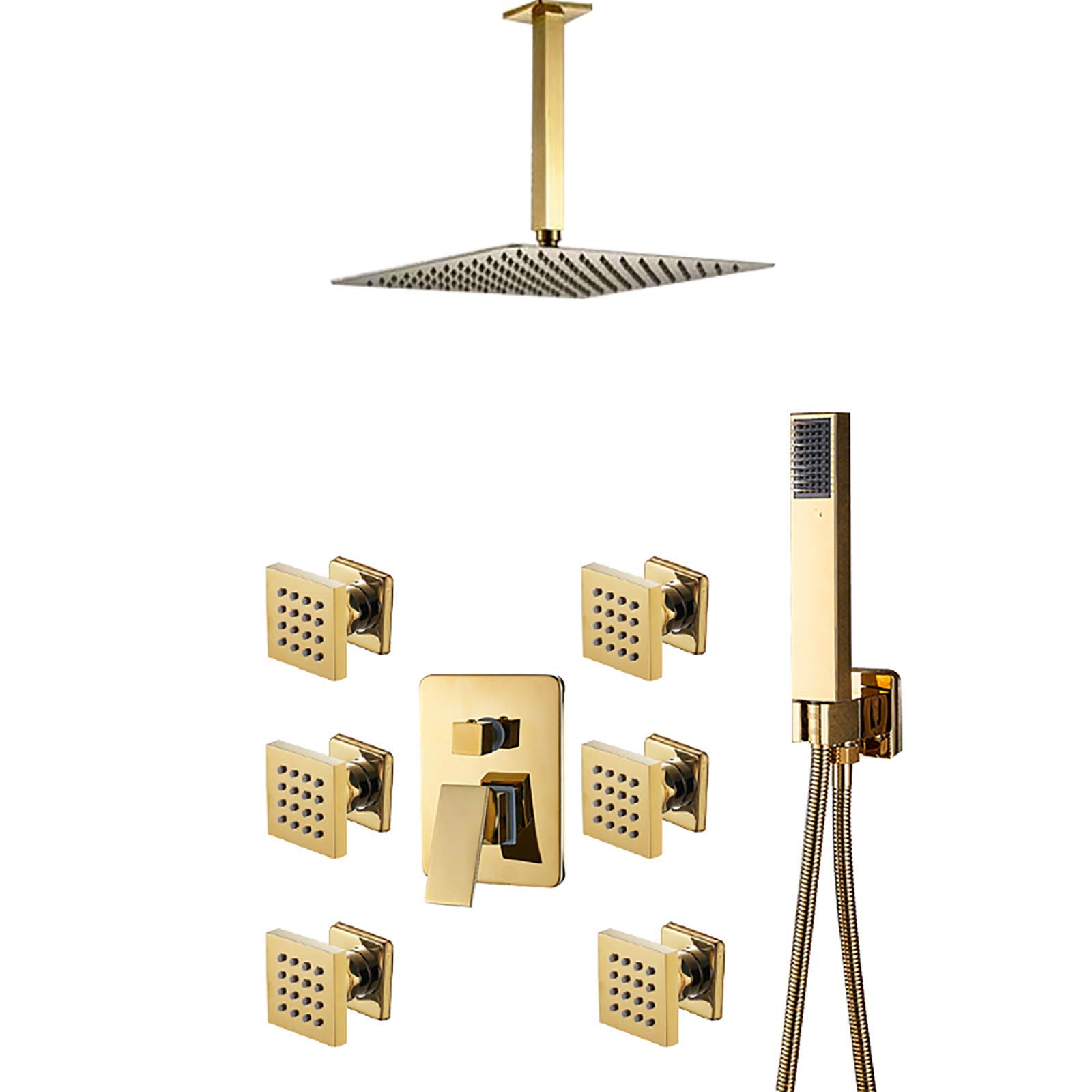 QUSYZD Gold Rain Mixer Shower Combo Set Ceiling Mounted Bathroom Shower Faucet Set with Rainfall Shower Head, Handheld Shower,10 Inches,10 Inches,10 Inches