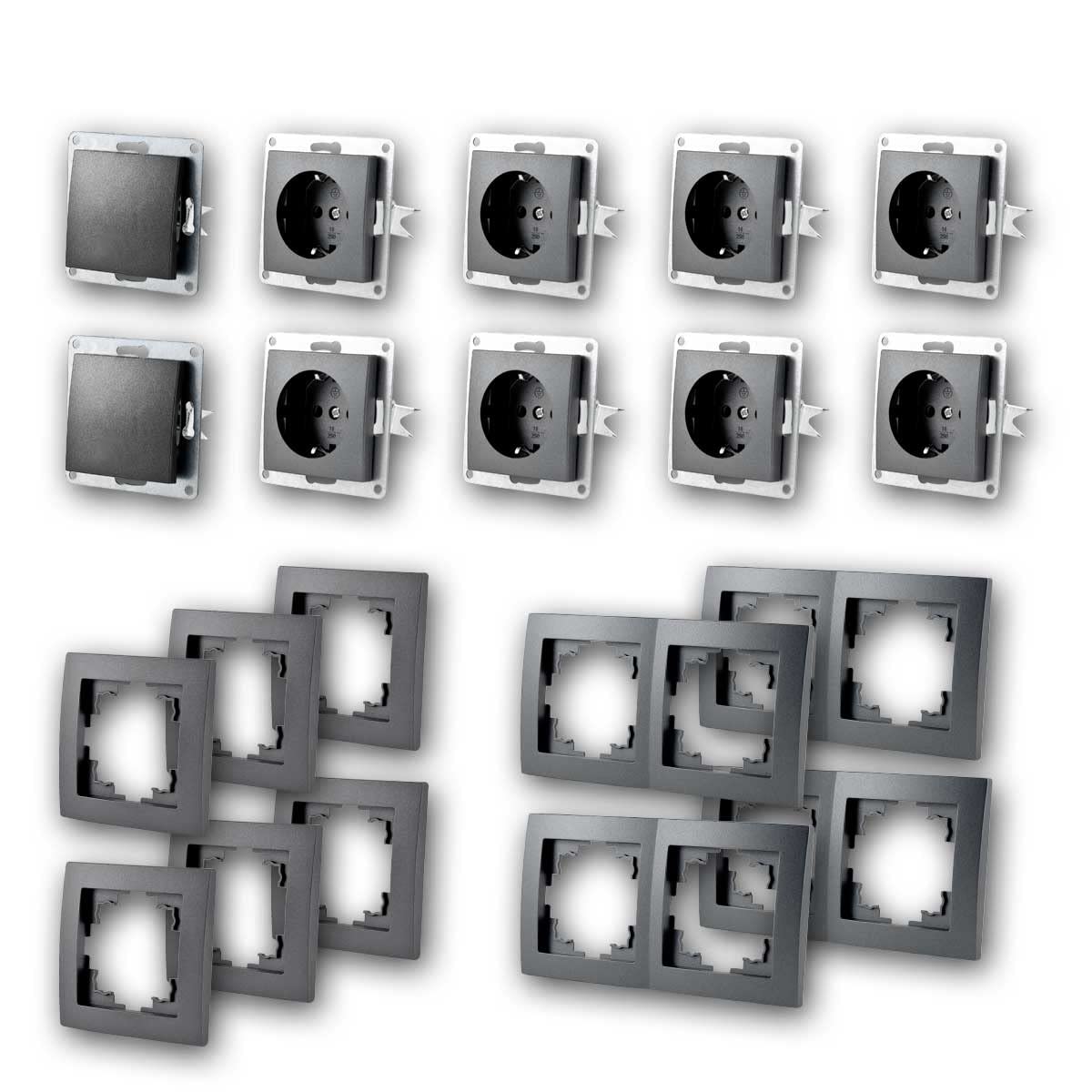 FLAIR Set "Standard Starter", 20-teilig, anthrazit, Schutzkontakt Steckdose, Lichtschalter, Schraubanschluss