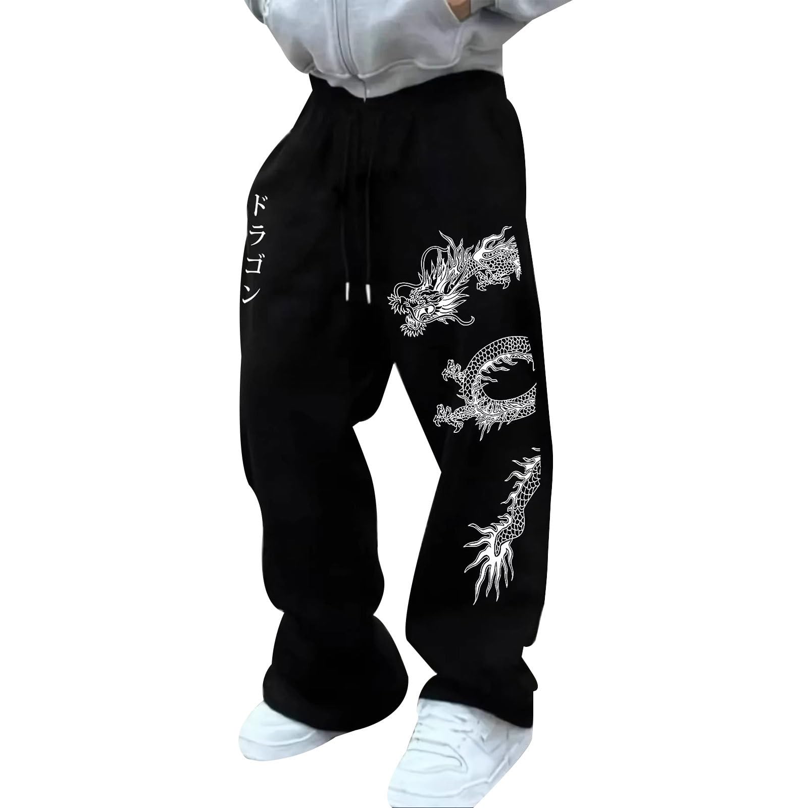 Acsewater Unisex Black 2 Men's Gothic Jogging Pants Hip Hop Wide-Leg Trousers Y2k Clothes Dragon Print Baggy Sweatpants With Drawstring Waist