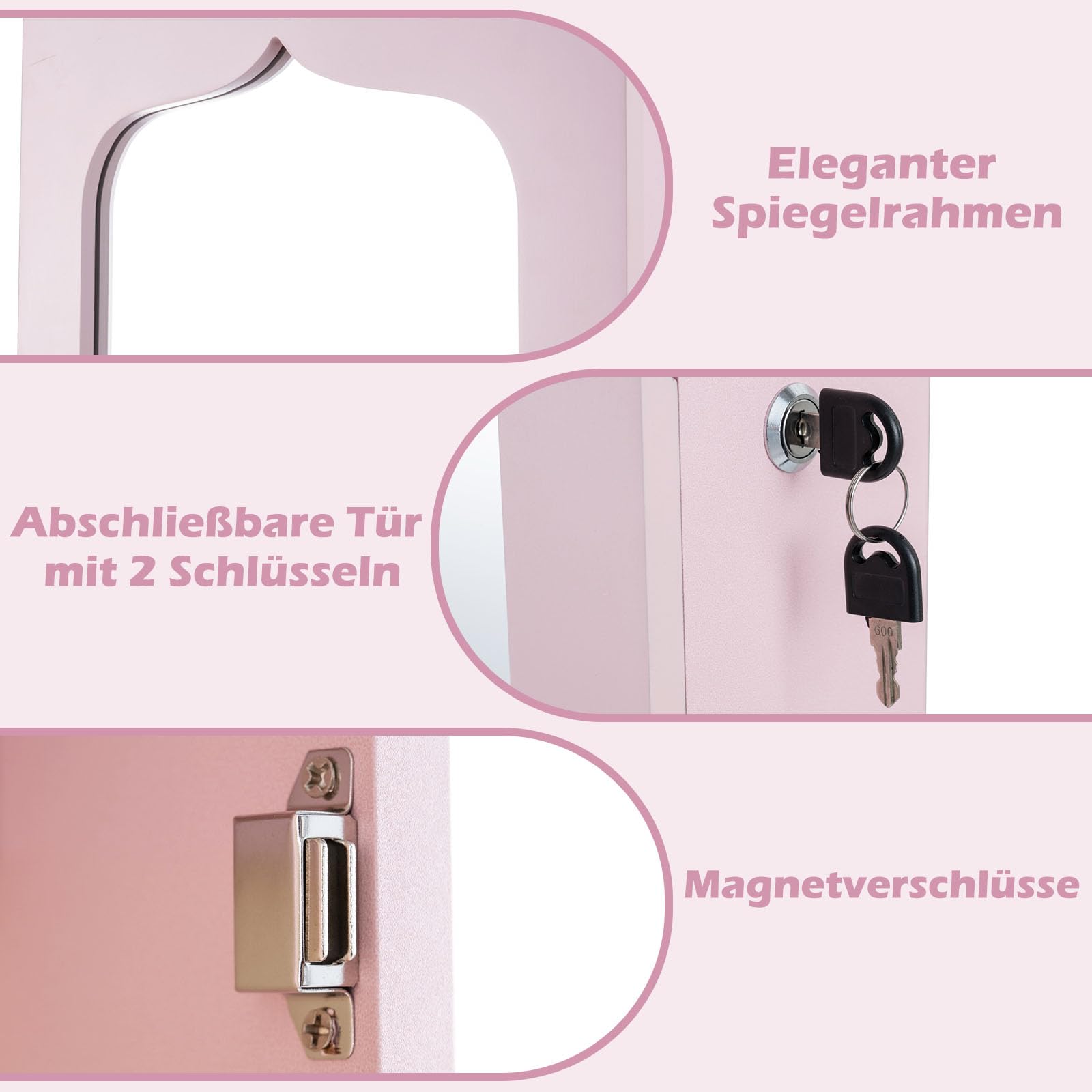 COSTWAY Schmuckschrank mit LED Beleuchtung, 6 Schubladen und Spiegel, Sipegelschrank hängend, Hängeschrank für Tür und Wandmontage, abschließbar (Rosa)