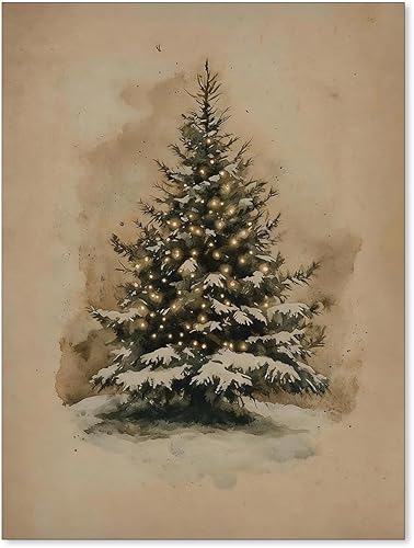 Decoración vintage de árbol de Navidad, decoración de árbol de Navidad, pintura retro de árbol de hoja perenne, póster de arte de pared de 12 x 16