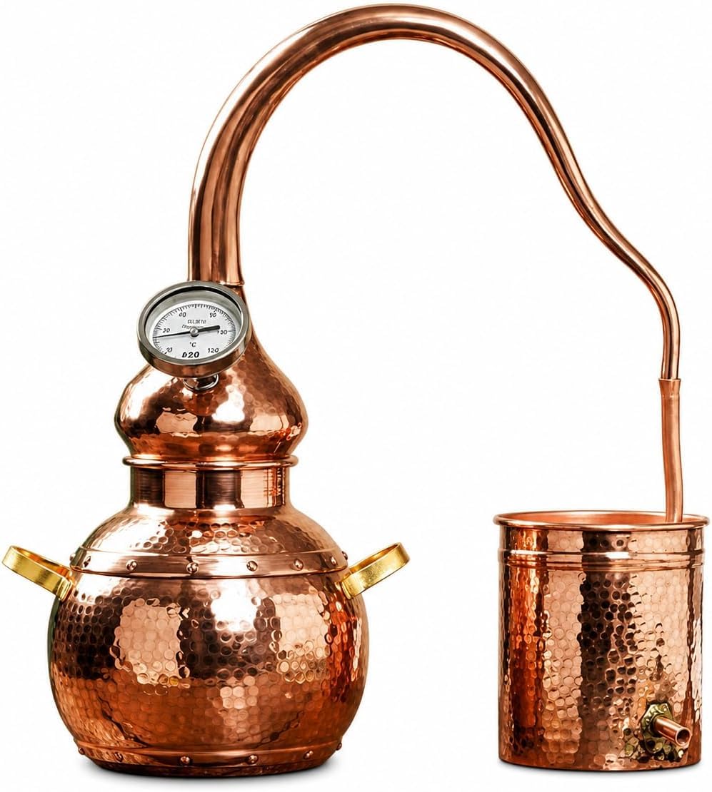 Kit de alambique de cobre puro, destilador doméstico de 3 litros con termómetro, tubo de refrigeración y llama abierta o base compatible con inducción para aceites esenciales e hidrosol