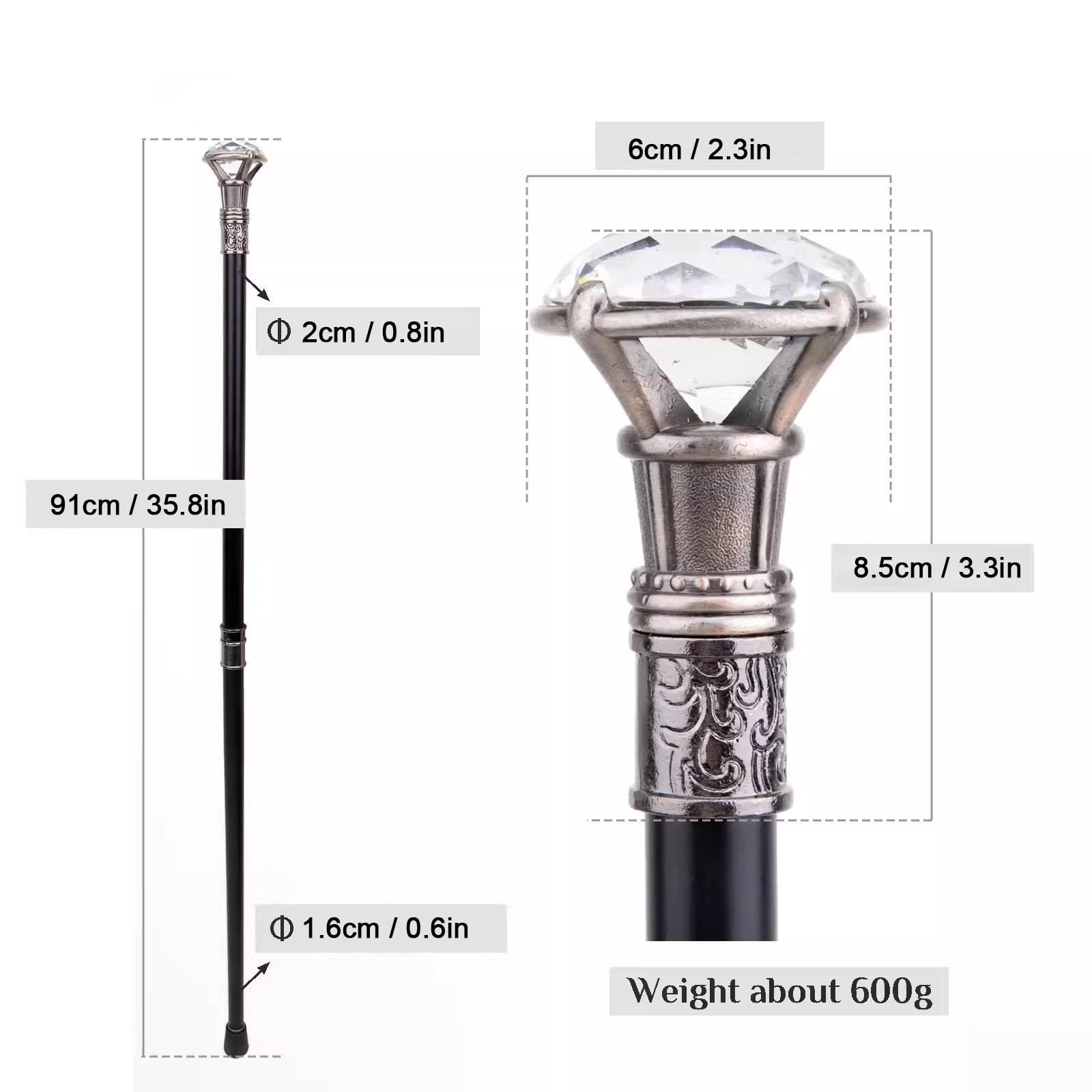 Bastone da passeggio con testa di diamante da gentiluomo da 36 pollici elegante bastone da passeggio per anziani bastoncini da magnaccia per uomo e donna(silver,91cm/35.8in) | 36 pollici elegante bastone da passeggio per anziani bastoncini da magnaccia pe