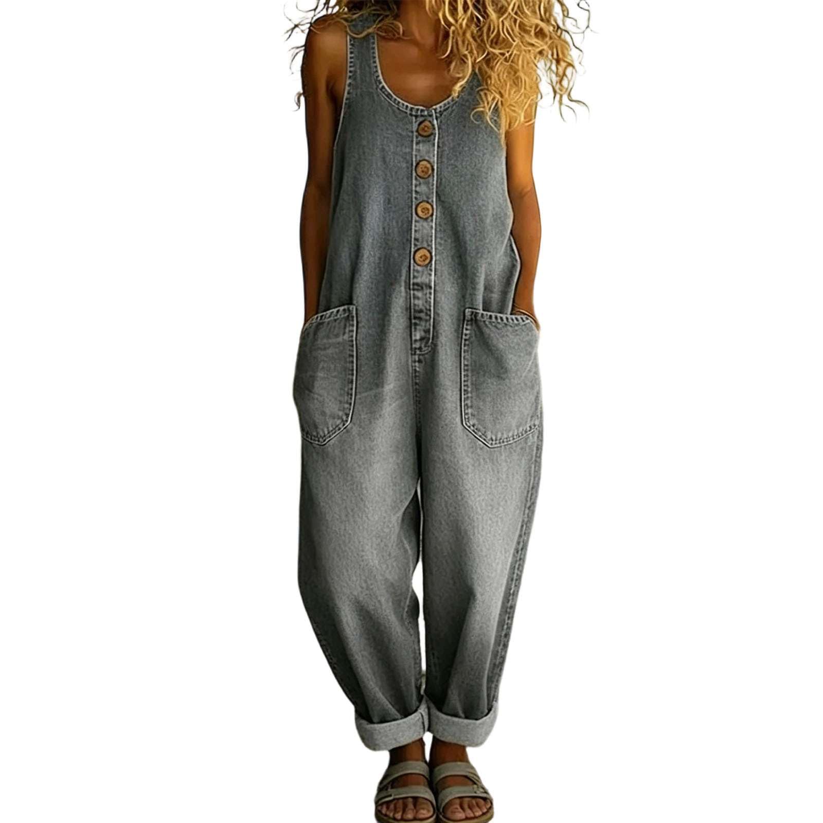 Generico Salopette da Donna Retrò Senza Maniche Effetto Denim a Gamba Larga Tuta Intera Elegante Curvy Casual con Taschen Jumpsuit Estiva Comoda Pantaloni Larghi Taglie Forti Mare Boho Chic