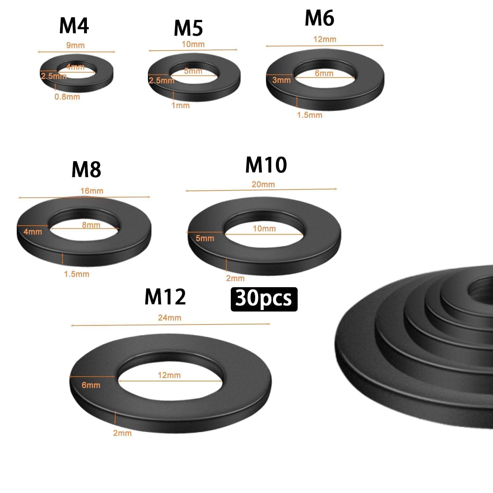 KGGZKG 30 Pcs M10 x 20mm Black Flat Washers 304 Stainless Steel A2 V2A Penny Washers M10 Metal Round Repair Washer Spacer for Screws Bolts and Nuts - Image 2