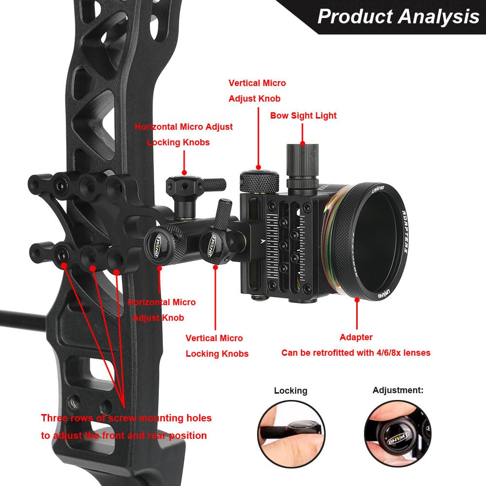 SHARROW Tiro al Arco Visor de Arco Compuesto 5 Pin Bow Sight Miras para Arcos Compuestos Micro Ajustable Aleación de Aluminio Vista con Lente 4X 6X 8X